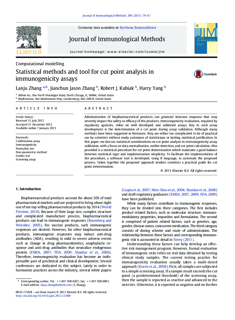 Statistical methods and tool for cut point analysis in immunogenicity assays