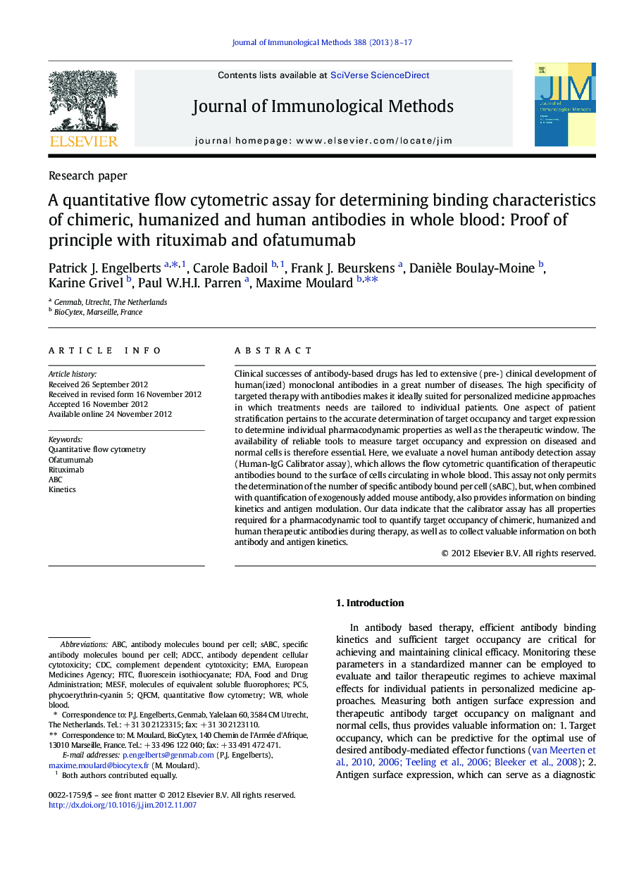 A quantitative flow cytometric assay for determining binding characteristics of chimeric, humanized and human antibodies in whole blood: Proof of principle with rituximab and ofatumumab