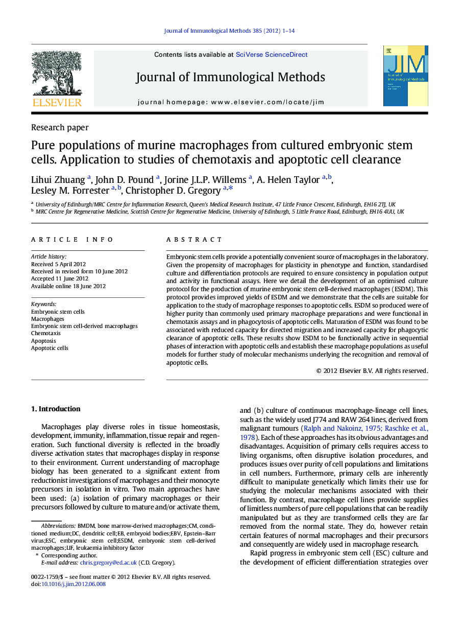 Pure populations of murine macrophages from cultured embryonic stem cells. Application to studies of chemotaxis and apoptotic cell clearance