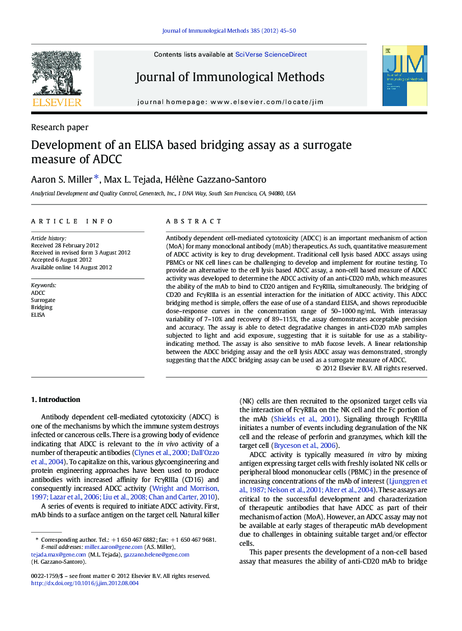 Development of an ELISA based bridging assay as a surrogate measure of ADCC