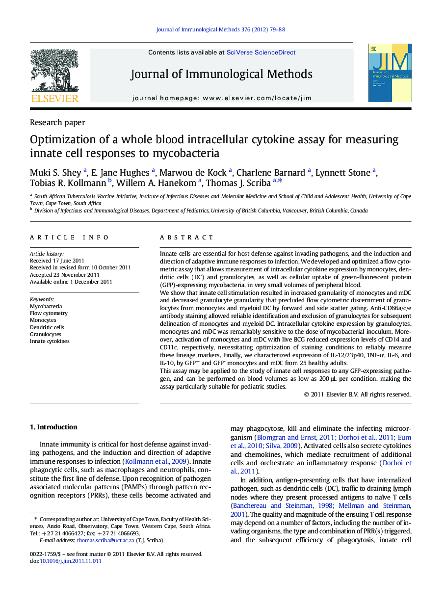 Optimization of a whole blood intracellular cytokine assay for measuring innate cell responses to mycobacteria