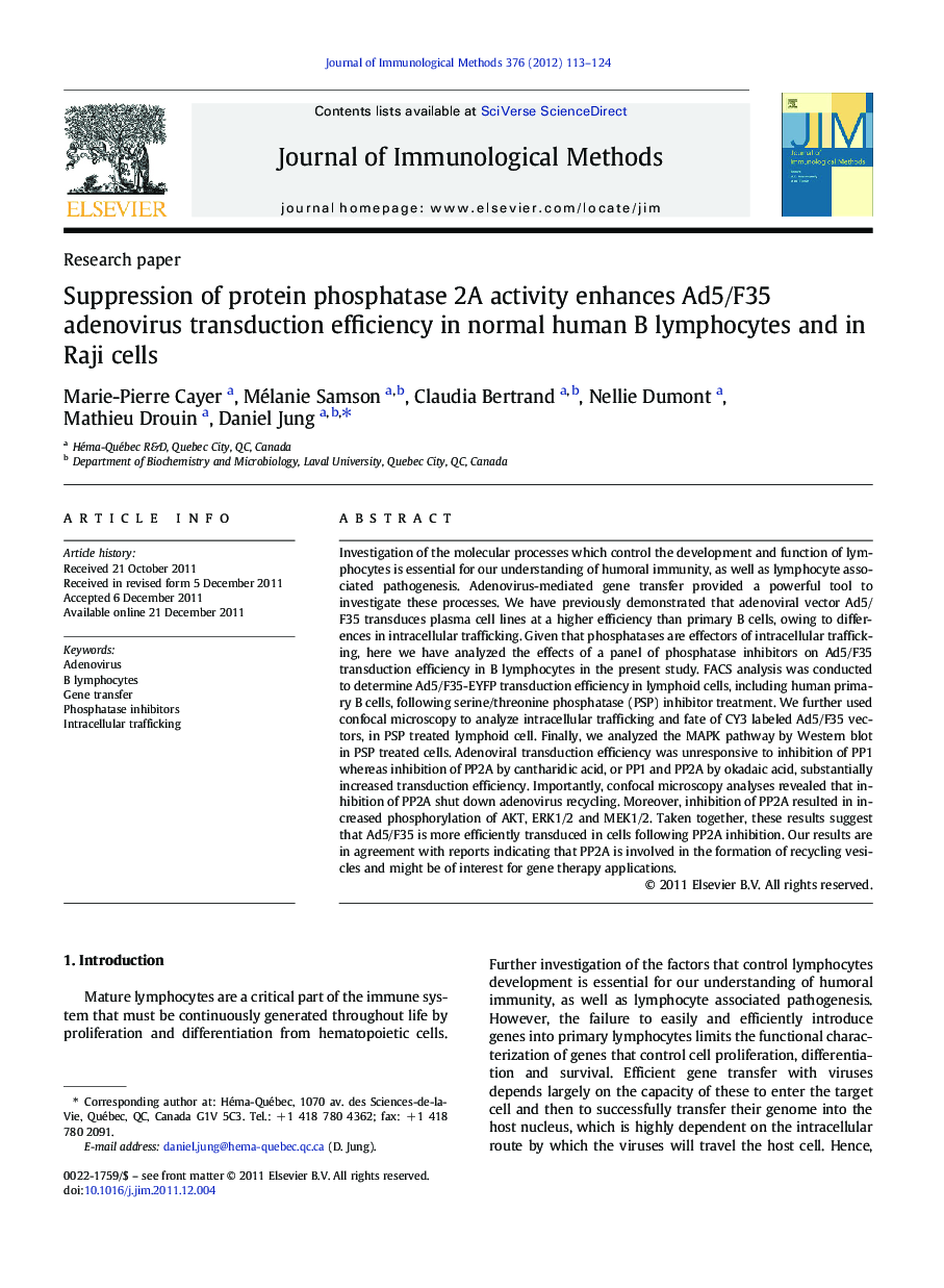 Suppression of protein phosphatase 2A activity enhances Ad5/F35 adenovirus transduction efficiency in normal human B lymphocytes and in Raji cells