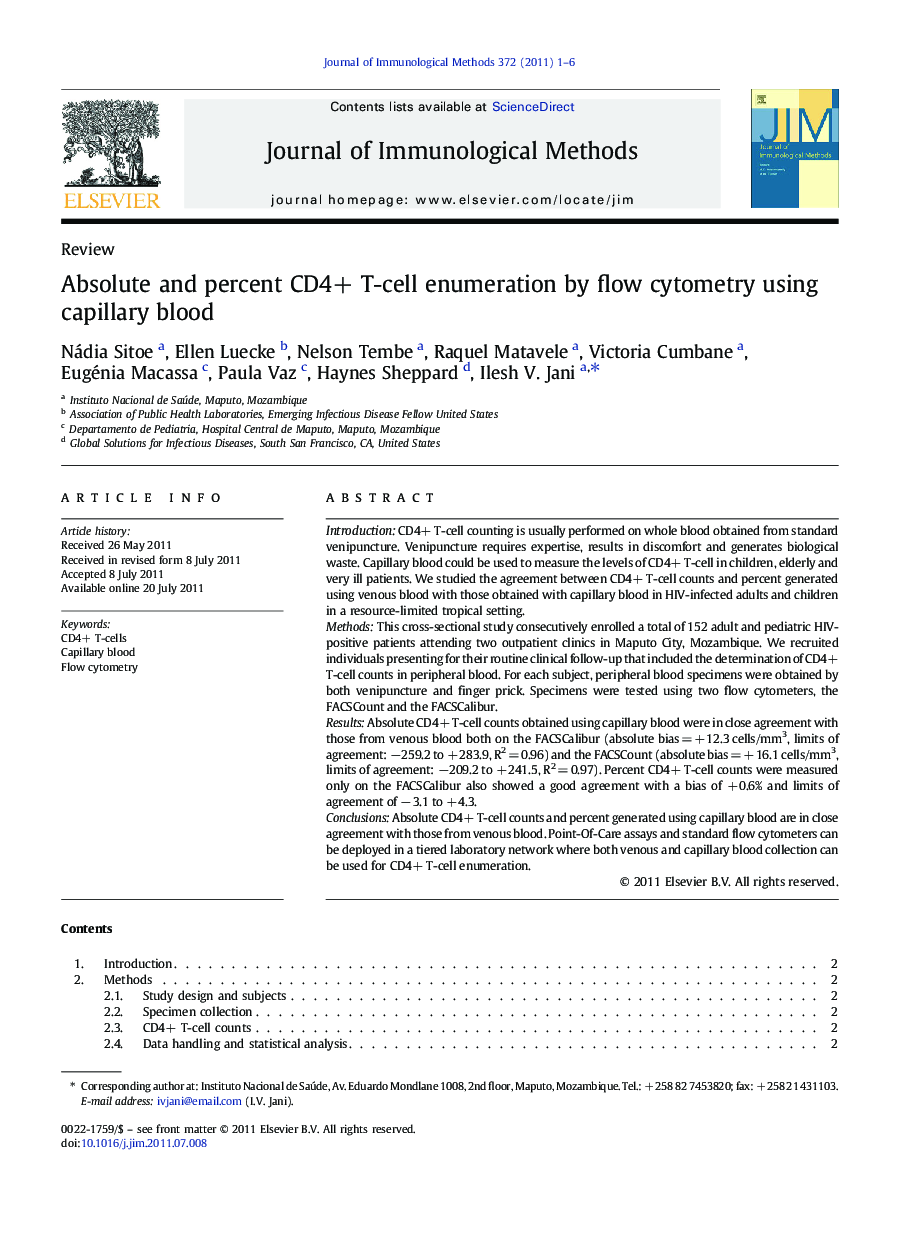 Absolute and percent CD4+ T-cell enumeration by flow cytometry using capillary blood