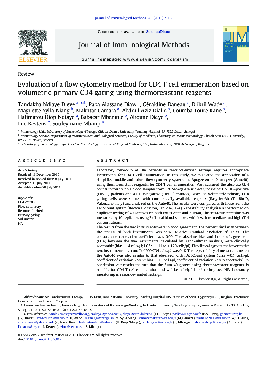 Evaluation of a flow cytometry method for CD4 T cell enumeration based on volumetric primary CD4 gating using thermoresistant reagents