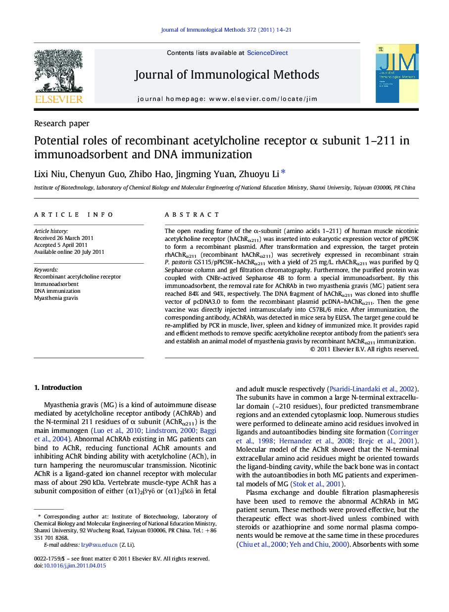 Potential roles of recombinant acetylcholine receptor α subunit 1–211 in immunoadsorbent and DNA immunization