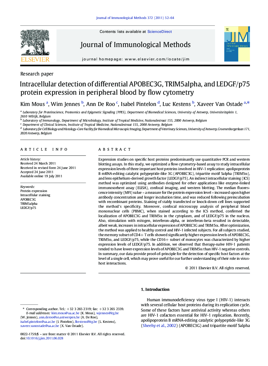 Intracellular detection of differential APOBEC3G, TRIM5alpha, and LEDGF/p75 protein expression in peripheral blood by flow cytometry