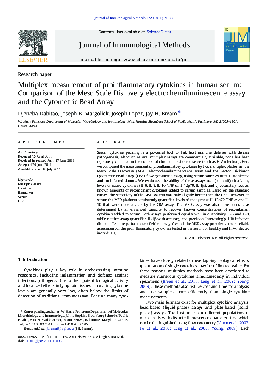 Multiplex measurement of proinflammatory cytokines in human serum: Comparison of the Meso Scale Discovery electrochemiluminescence assay and the Cytometric Bead Array