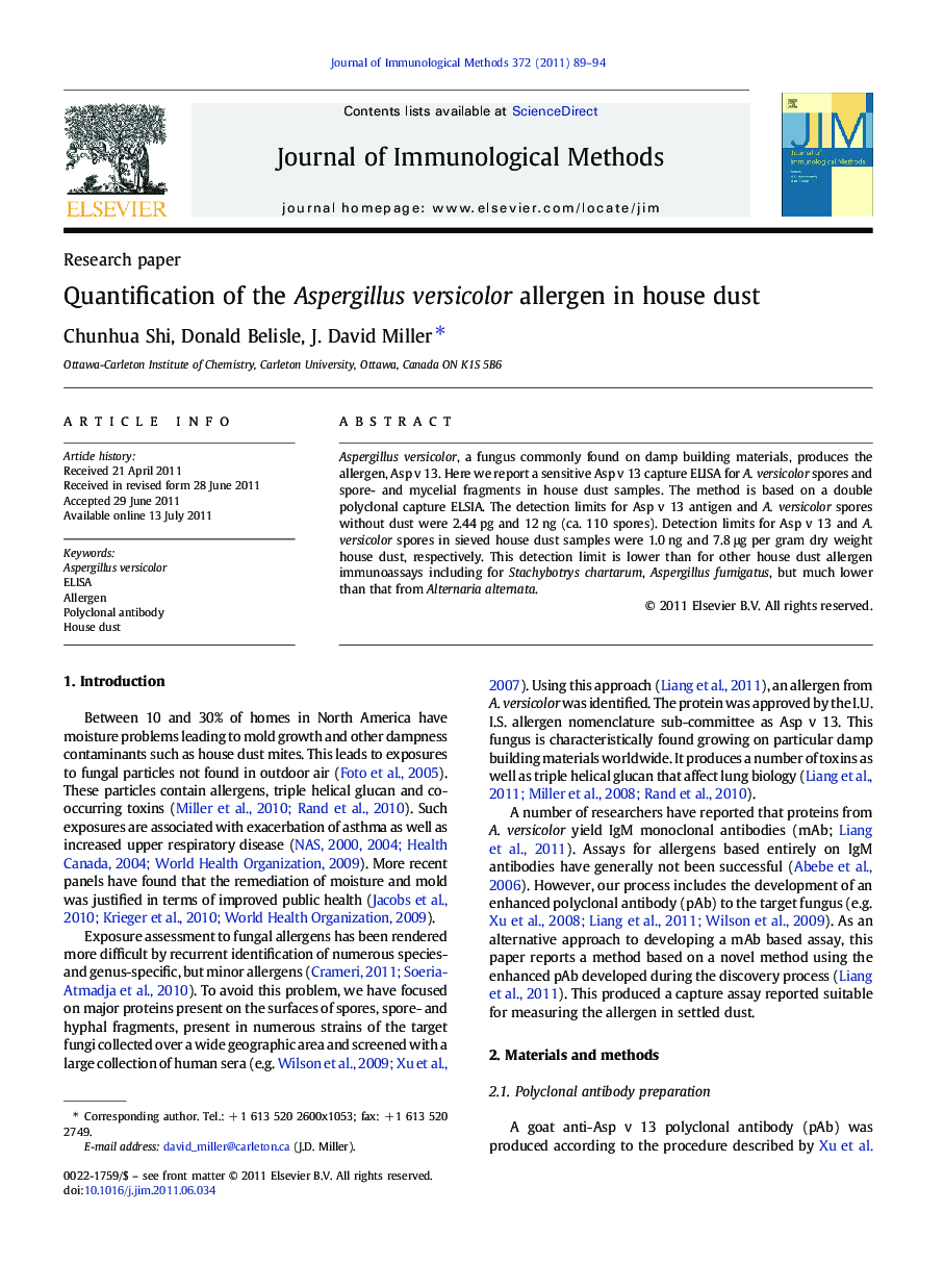 Quantification of the Aspergillus versicolor allergen in house dust