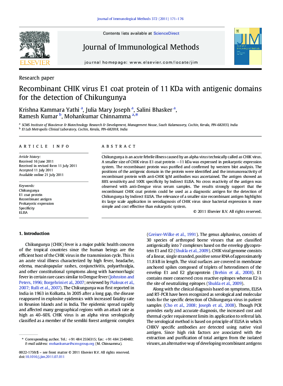 Recombinant CHIK virus E1 coat protein of 11 KDa with antigenic domains for the detection of Chikungunya