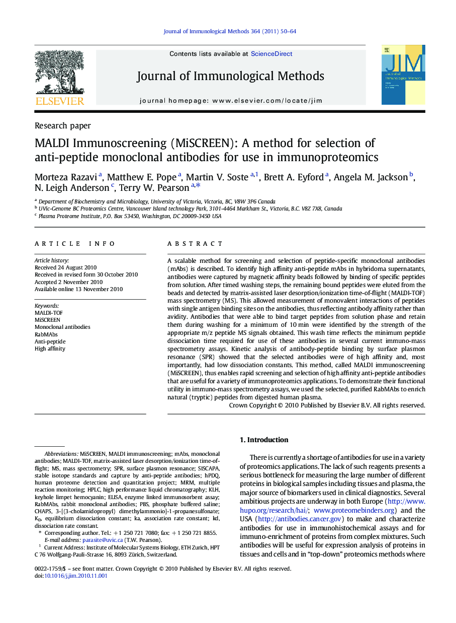 MALDI Immunoscreening (MiSCREEN): A method for selection of anti-peptide monoclonal antibodies for use in immunoproteomics