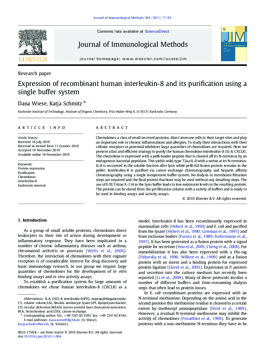 Expression of recombinant human interleukin-8 and its purification using a single buffer system