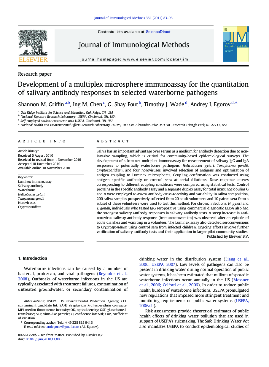 Development of a multiplex microsphere immunoassay for the quantitation of salivary antibody responses to selected waterborne pathogens