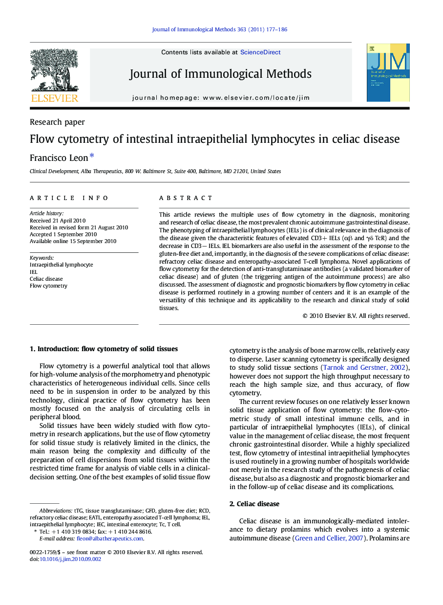 Flow cytometry of intestinal intraepithelial lymphocytes in celiac disease