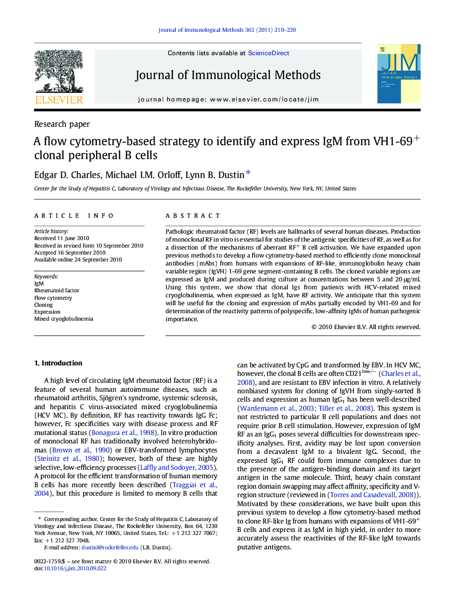 A flow cytometry-based strategy to identify and express IgM from VH1-69+ clonal peripheral B cells