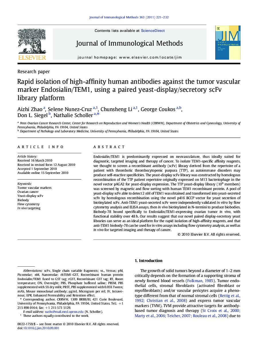 Rapid isolation of high-affinity human antibodies against the tumor vascular marker Endosialin/TEM1, using a paired yeast-display/secretory scFv library platform