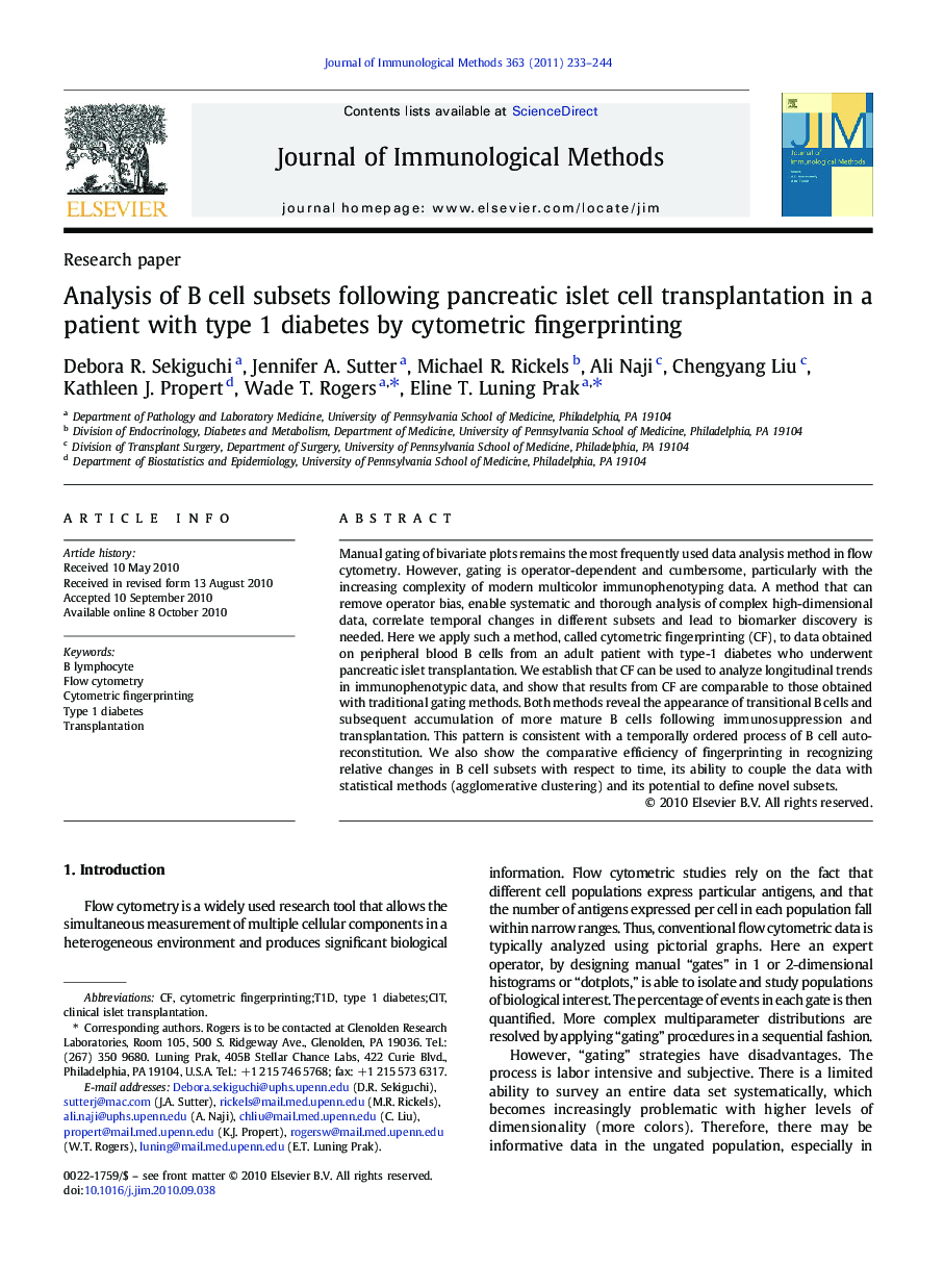 Analysis of B cell subsets following pancreatic islet cell transplantation in a patient with type 1 diabetes by cytometric fingerprinting