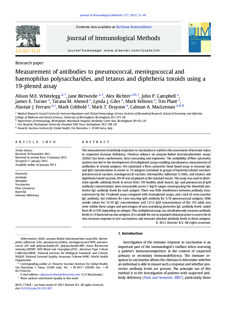 Measurement of antibodies to pneumococcal, meningococcal and haemophilus polysaccharides, and tetanus and diphtheria toxoids using a 19-plexed assay