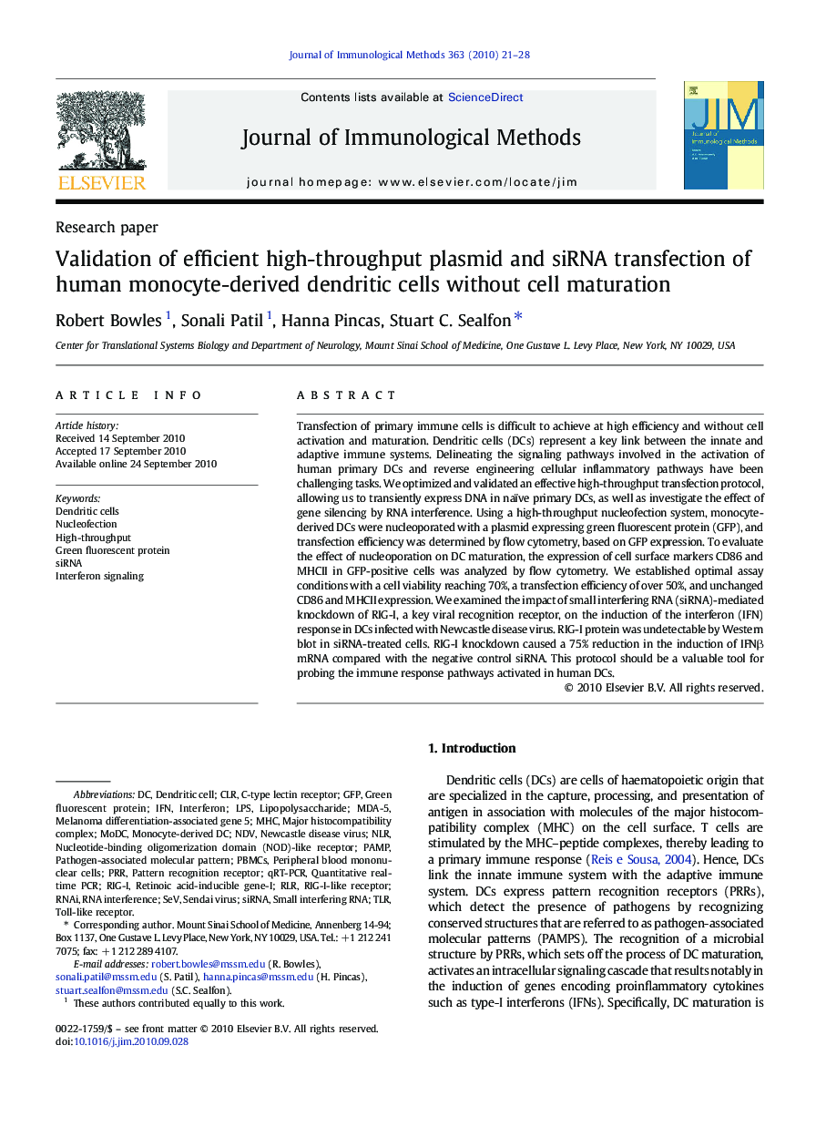 Validation of efficient high-throughput plasmid and siRNA transfection of human monocyte-derived dendritic cells without cell maturation