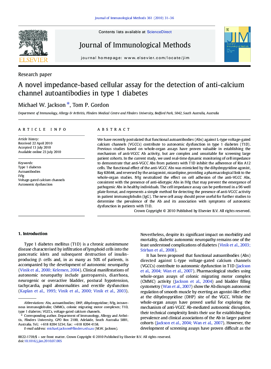 A novel impedance-based cellular assay for the detection of anti-calcium channel autoantibodies in type 1 diabetes