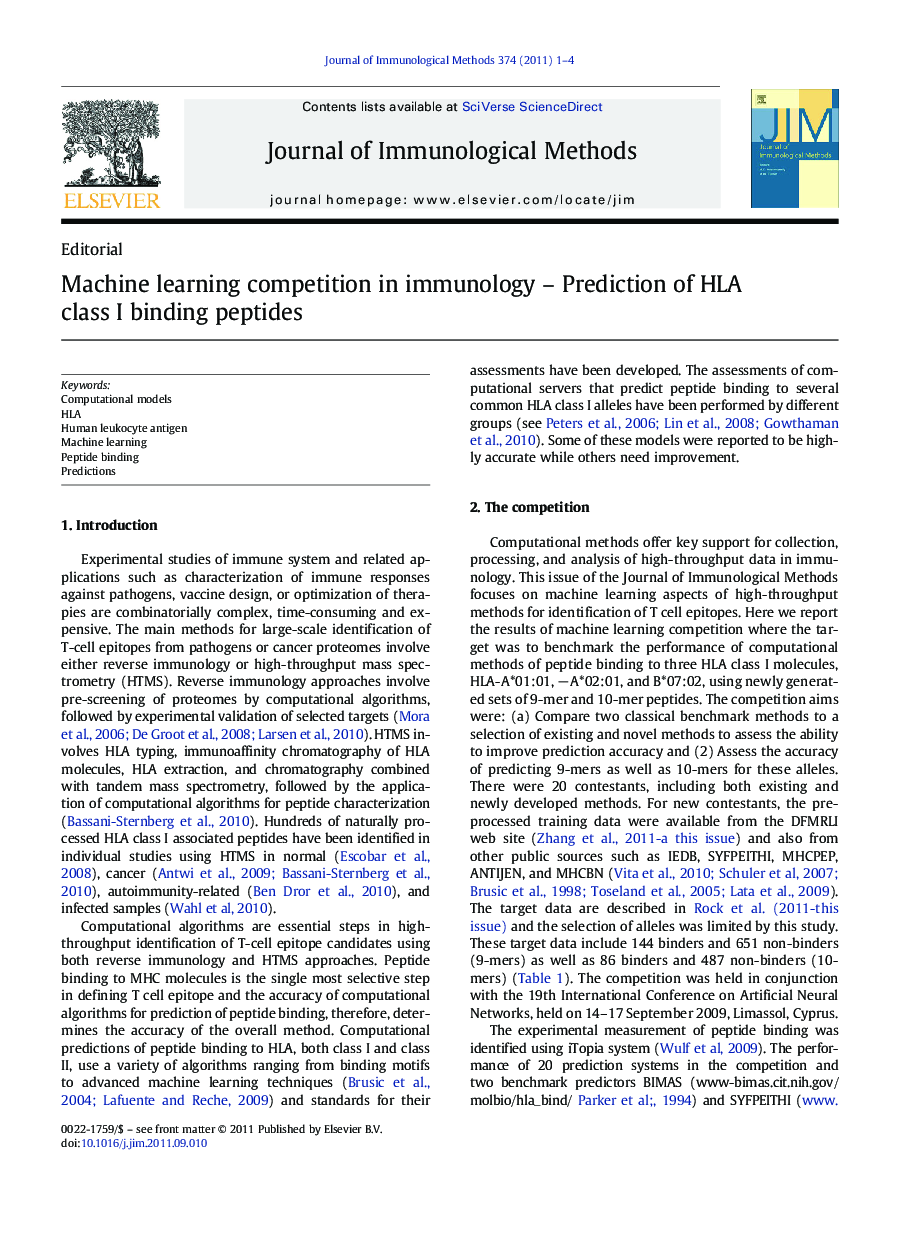 Machine learning competition in immunology - Prediction of HLA class I binding peptides
