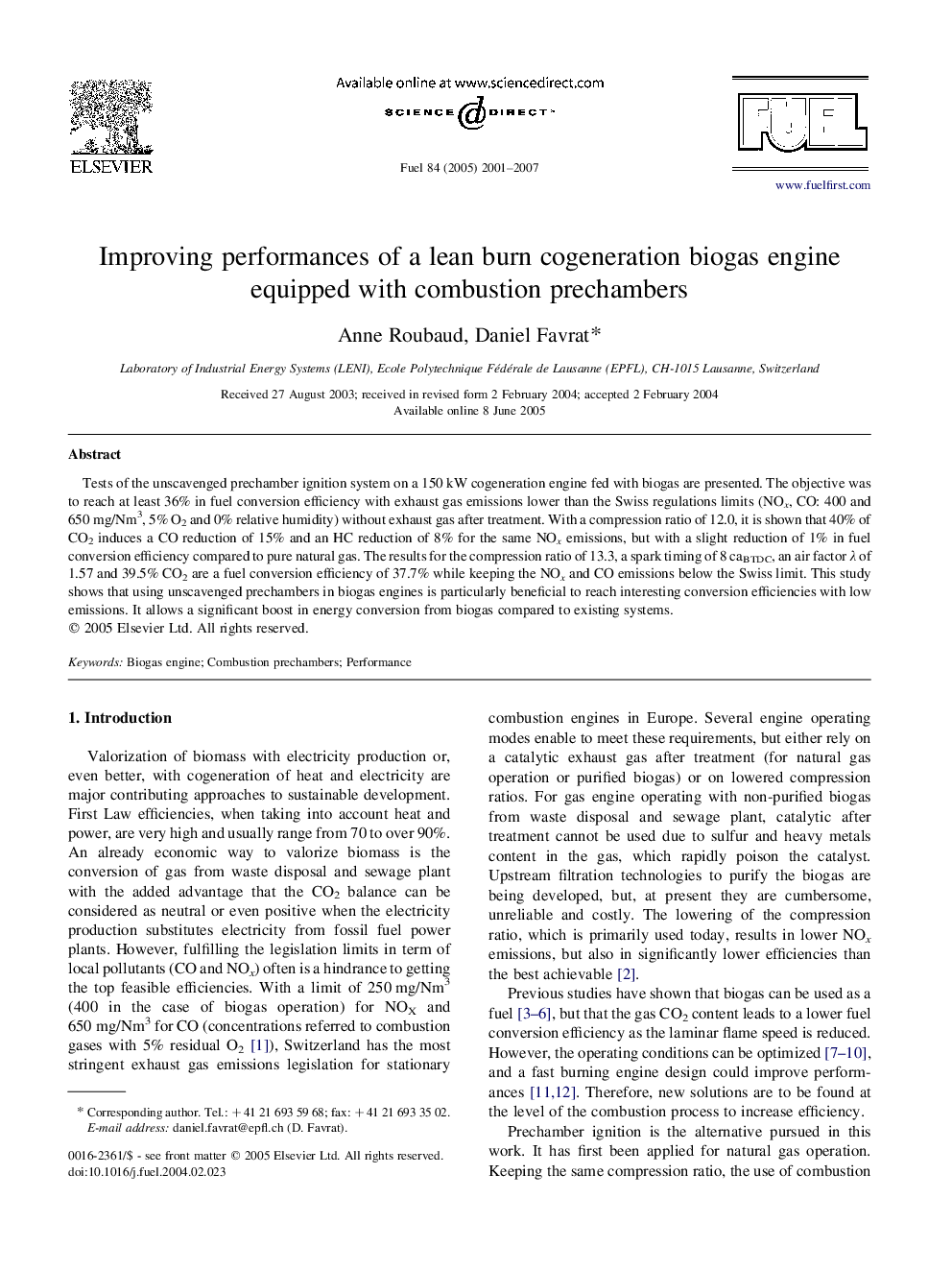 Improving performances of a lean burn cogeneration biogas engine equipped with combustion prechambers