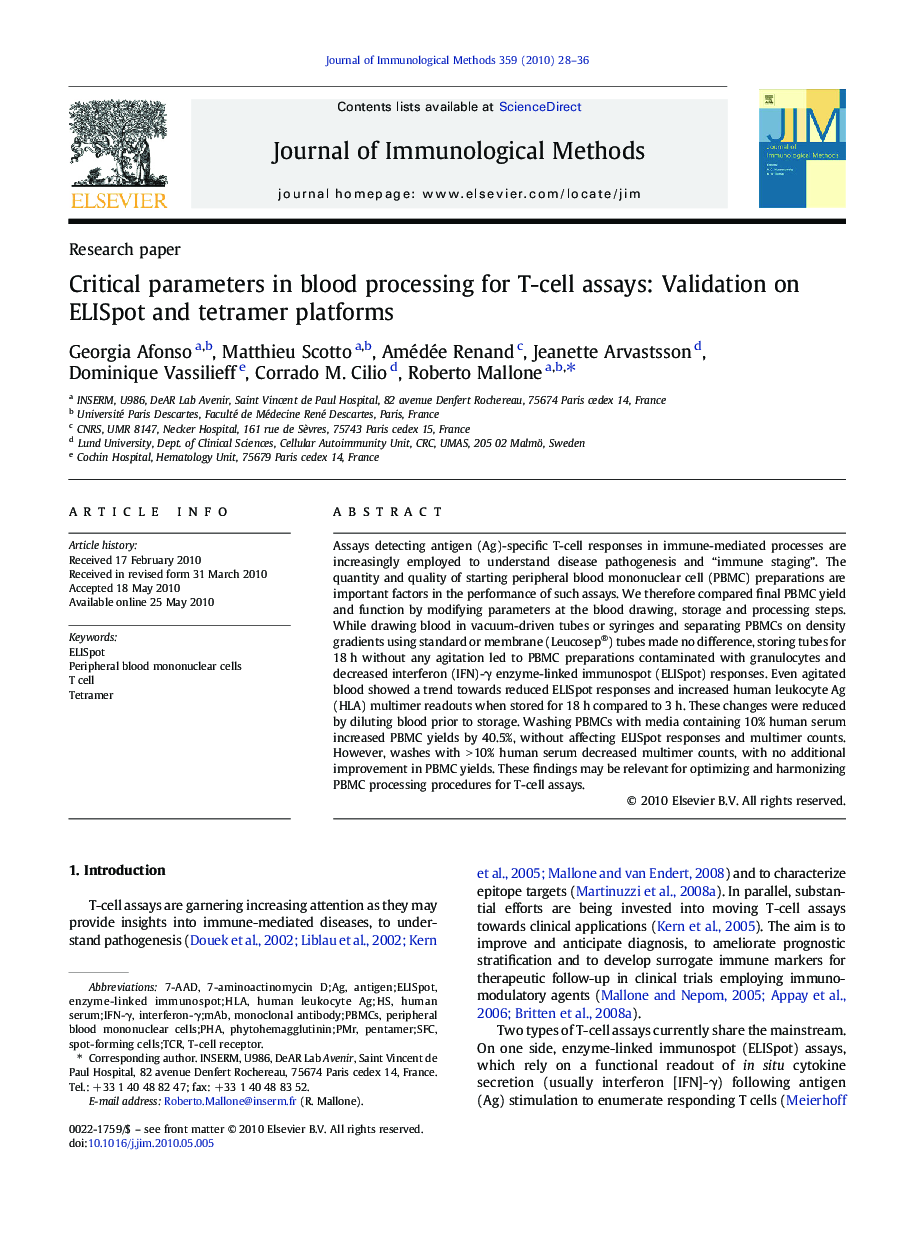 Critical parameters in blood processing for T-cell assays: Validation on ELISpot and tetramer platforms