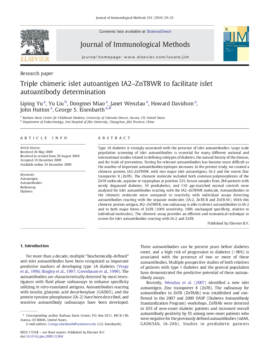 Triple chimeric islet autoantigen IA2–ZnT8WR to facilitate islet autoantibody determination