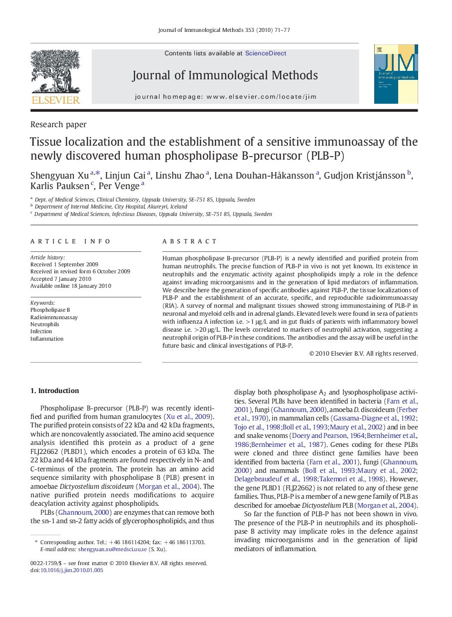 Tissue localization and the establishment of a sensitive immunoassay of the newly discovered human phospholipase B-precursor (PLB-P)