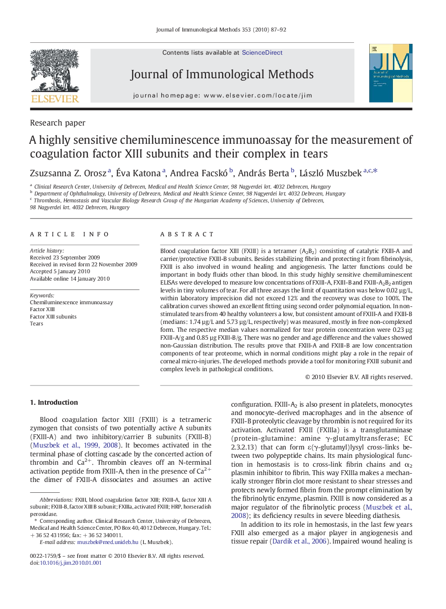 A highly sensitive chemiluminescence immunoassay for the measurement of coagulation factor XIII subunits and their complex in tears