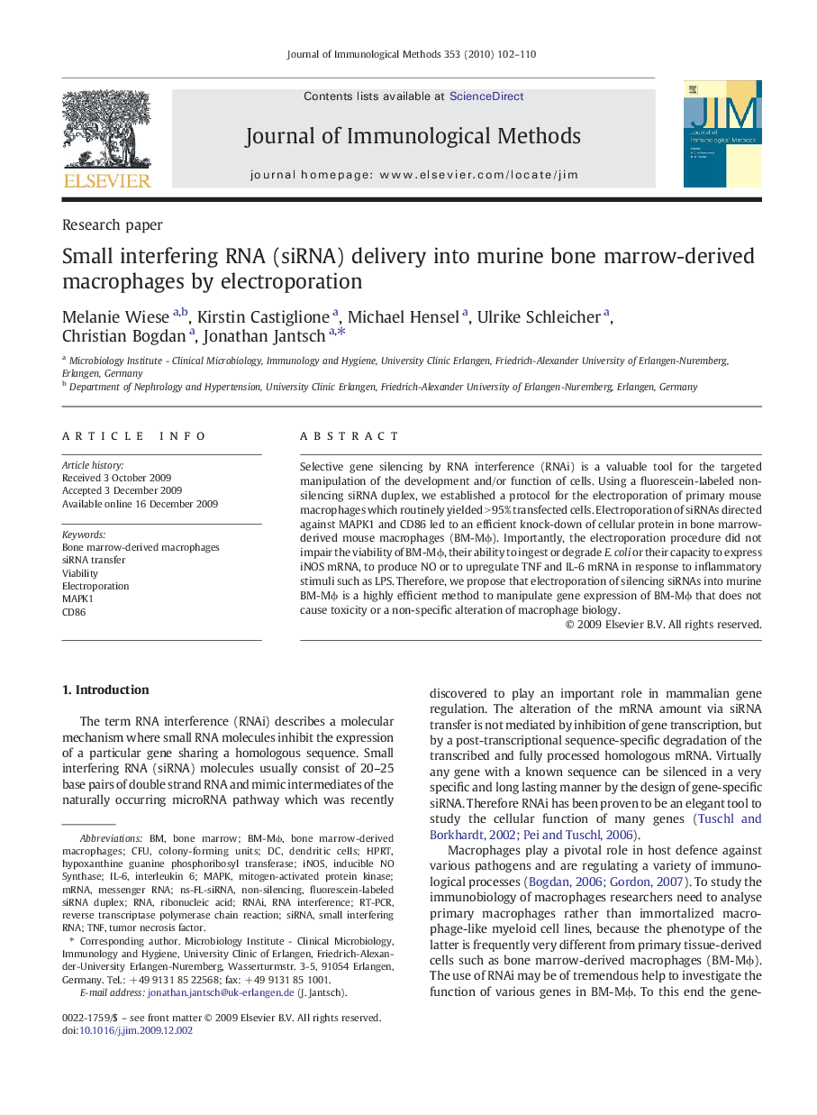 Small interfering RNA (siRNA) delivery into murine bone marrow-derived macrophages by electroporation