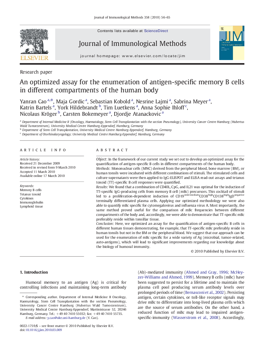 An optimized assay for the enumeration of antigen-specific memory B cells in different compartments of the human body