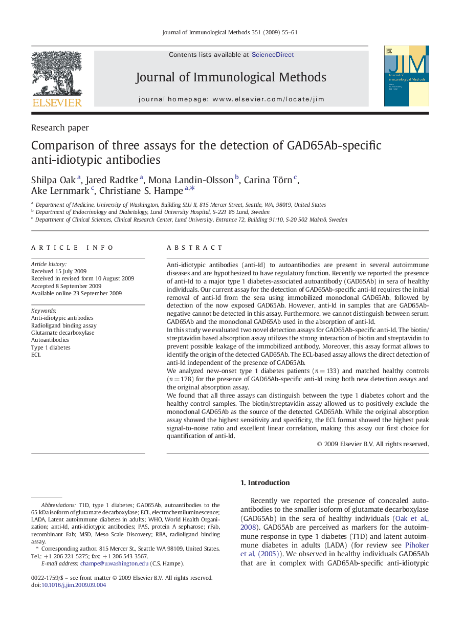 Comparison of three assays for the detection of GAD65Ab-specific anti-idiotypic antibodies