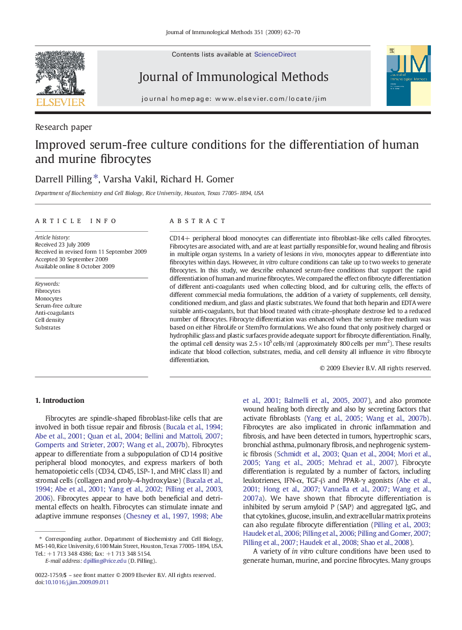 Improved serum-free culture conditions for the differentiation of human and murine fibrocytes