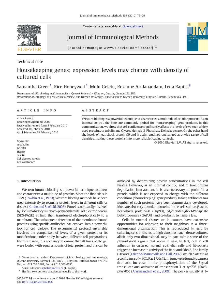 Housekeeping genes; expression levels may change with density of cultured cells