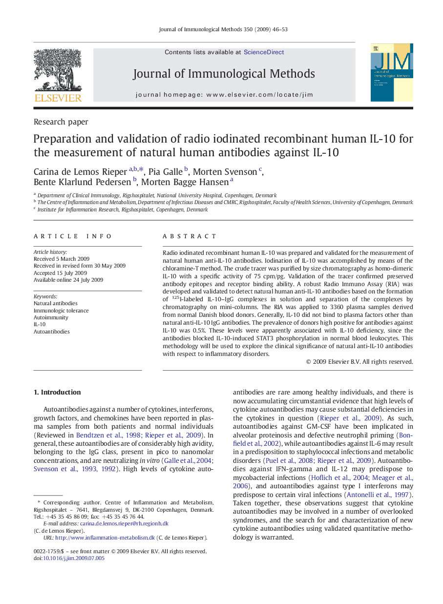 Preparation and validation of radio iodinated recombinant human IL-10 for the measurement of natural human antibodies against IL-10