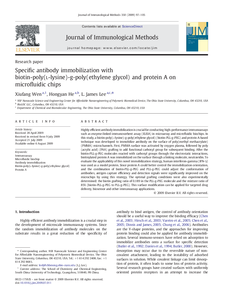 Specific antibody immobilization with biotin-poly(l-lysine)-g-poly(ethylene glycol) and protein A on microfluidic chips