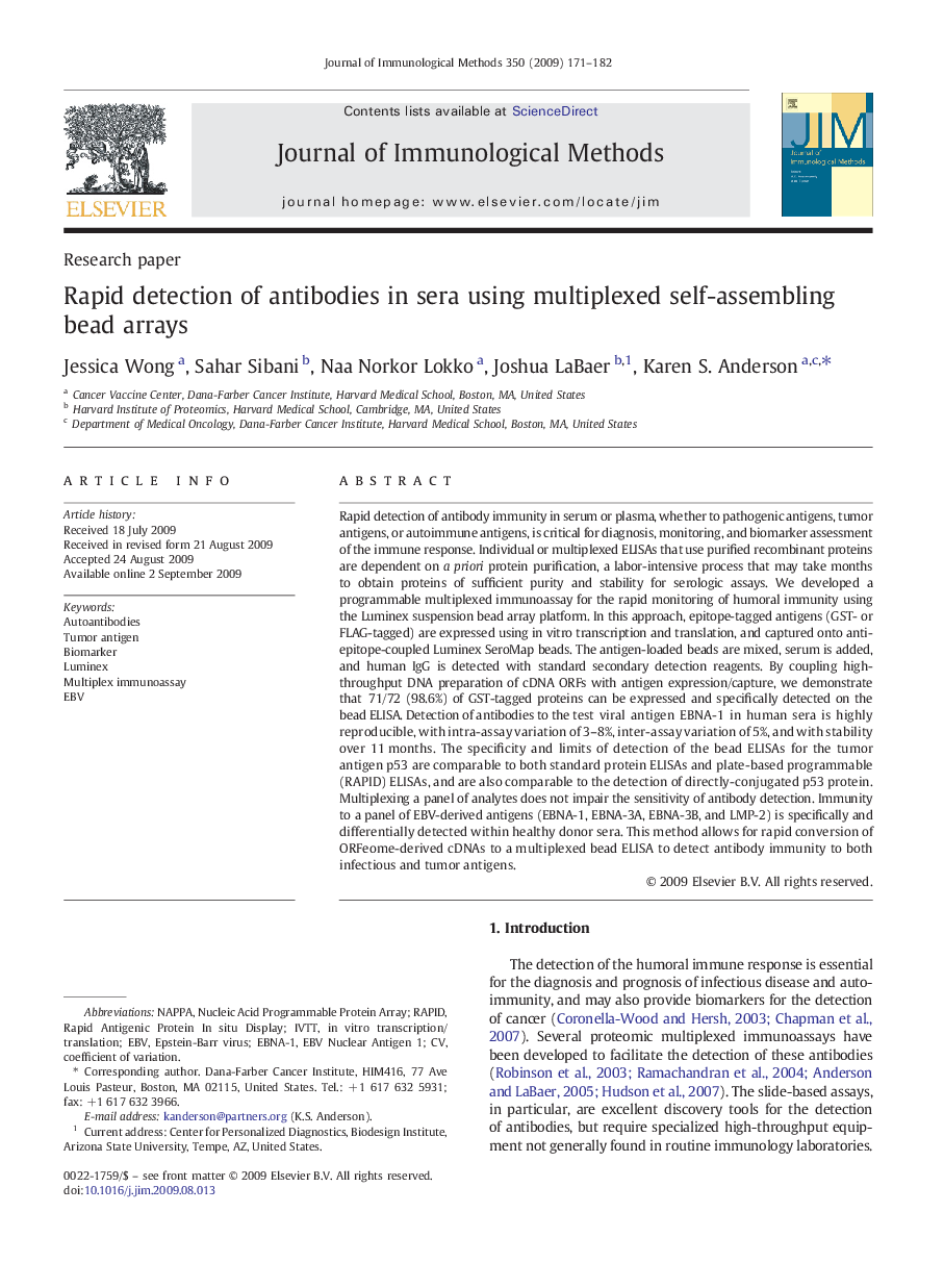 Rapid detection of antibodies in sera using multiplexed self-assembling bead arrays