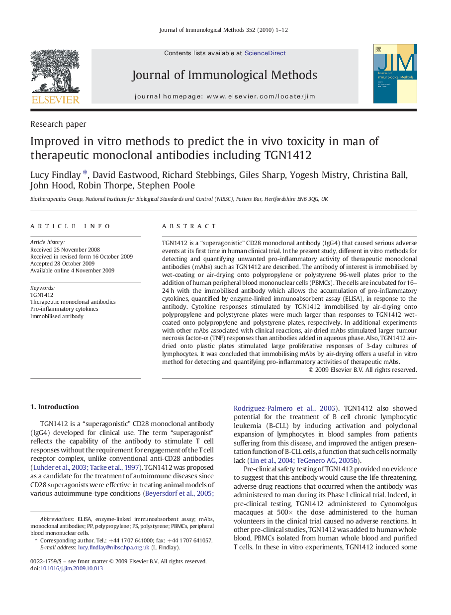 Improved in vitro methods to predict the in vivo toxicity in man of therapeutic monoclonal antibodies including TGN1412