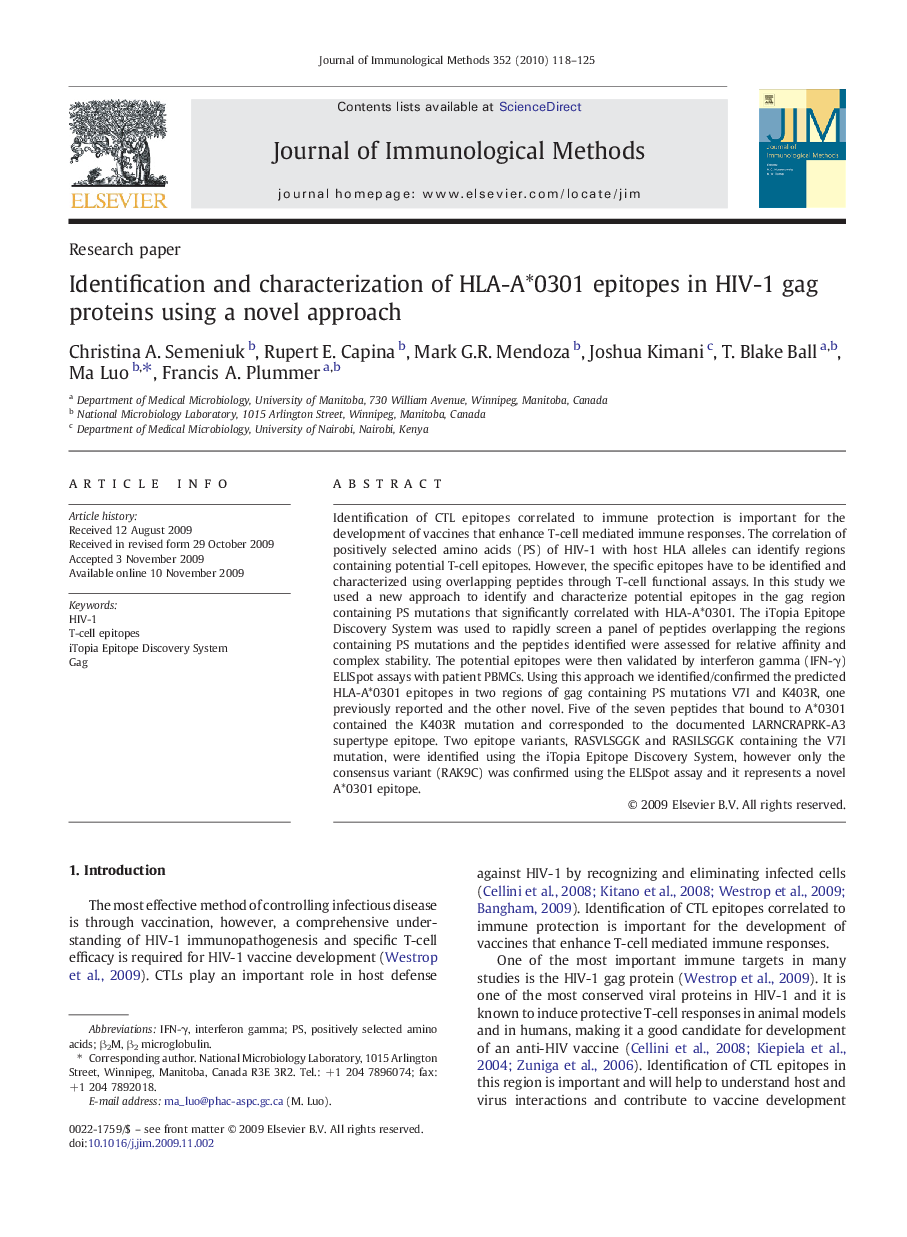 Identification and characterization of HLA-A*0301 epitopes in HIV-1 gag proteins using a novel approach