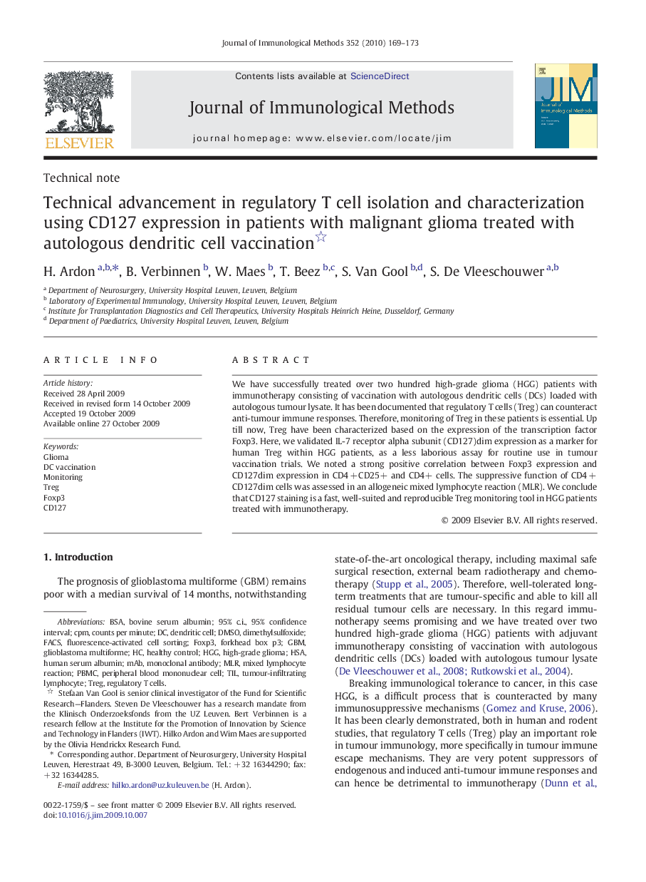 Technical advancement in regulatory T cell isolation and characterization using CD127 expression in patients with malignant glioma treated with autologous dendritic cell vaccination 