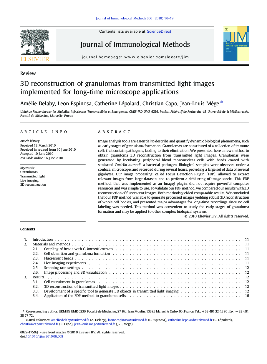 3D reconstruction of granulomas from transmitted light images implemented for long-time microscope applications