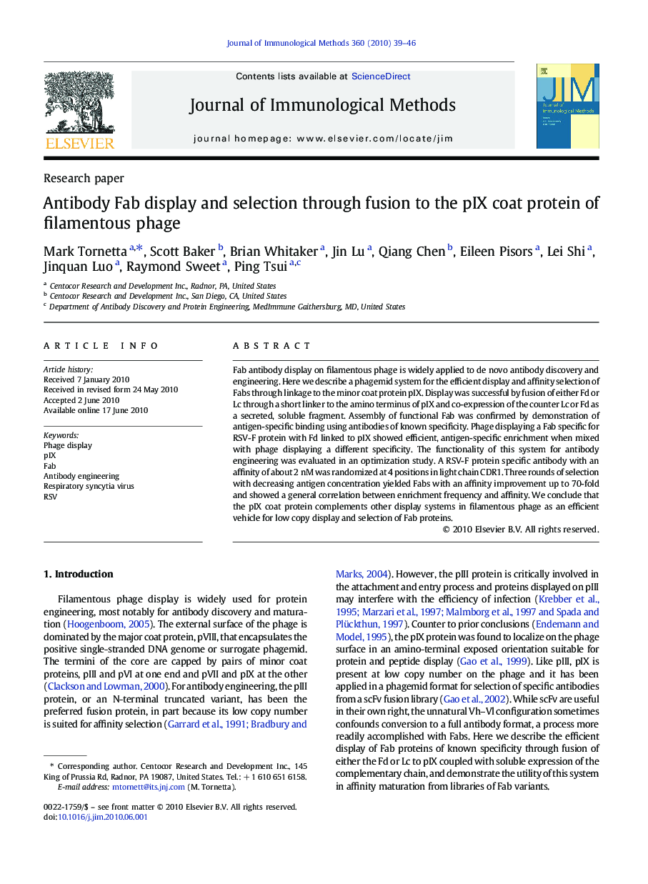 Antibody Fab display and selection through fusion to the pIX coat protein of filamentous phage