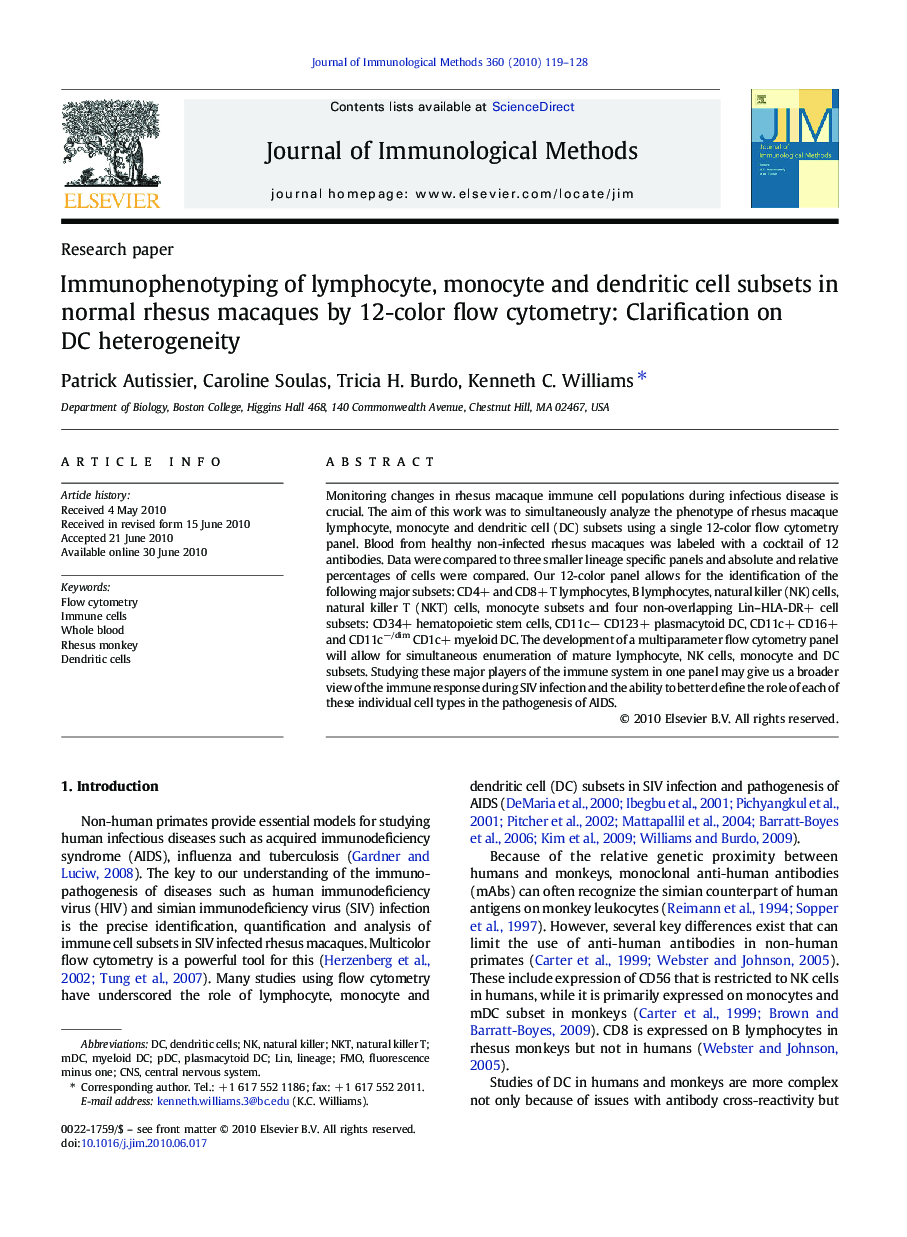 Immunophenotyping of lymphocyte, monocyte and dendritic cell subsets in normal rhesus macaques by 12-color flow cytometry: Clarification on DC heterogeneity