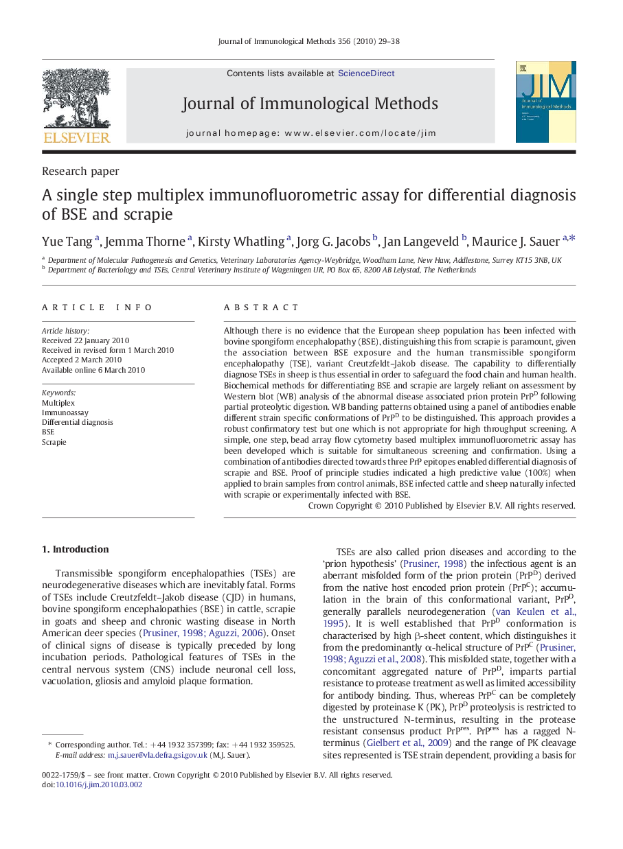 A single step multiplex immunofluorometric assay for differential diagnosis of BSE and scrapie