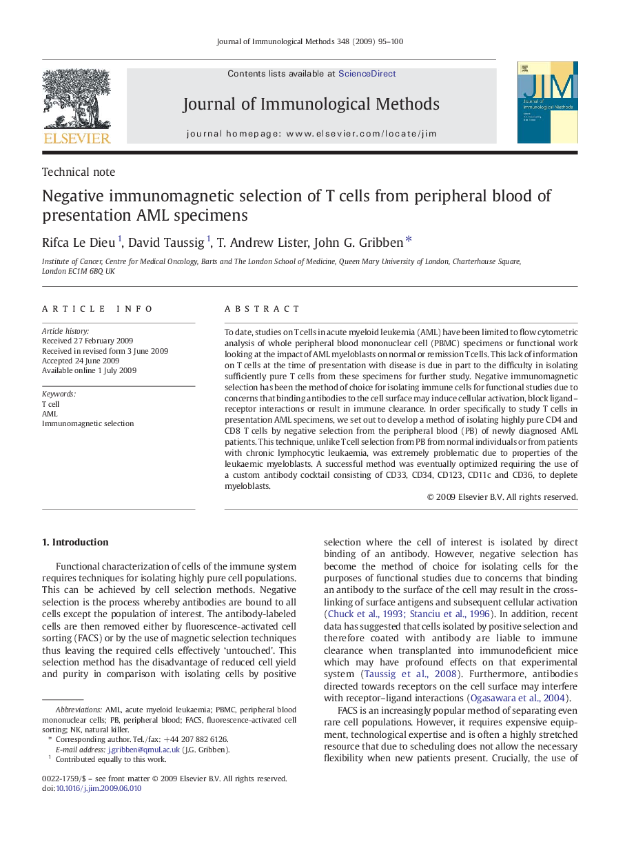 Negative immunomagnetic selection of T cells from peripheral blood of presentation AML specimens