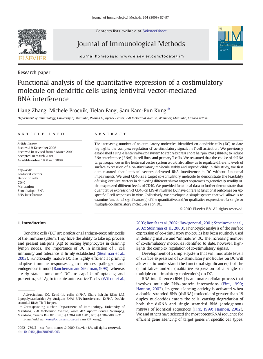 Functional analysis of the quantitative expression of a costimulatory molecule on dendritic cells using lentiviral vector-mediated RNA interference