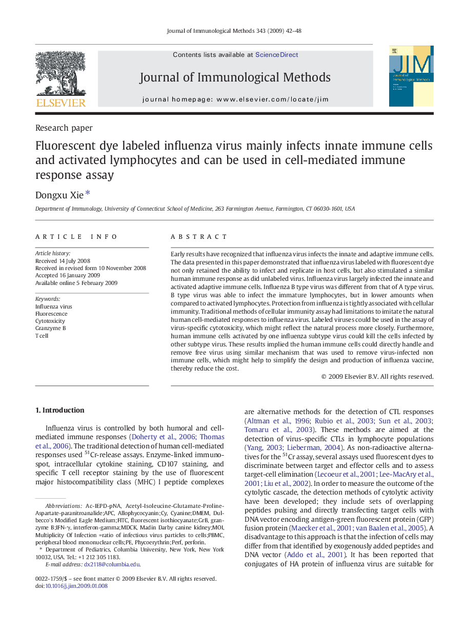 Fluorescent dye labeled influenza virus mainly infects innate immune cells and activated lymphocytes and can be used in cell-mediated immune response assay