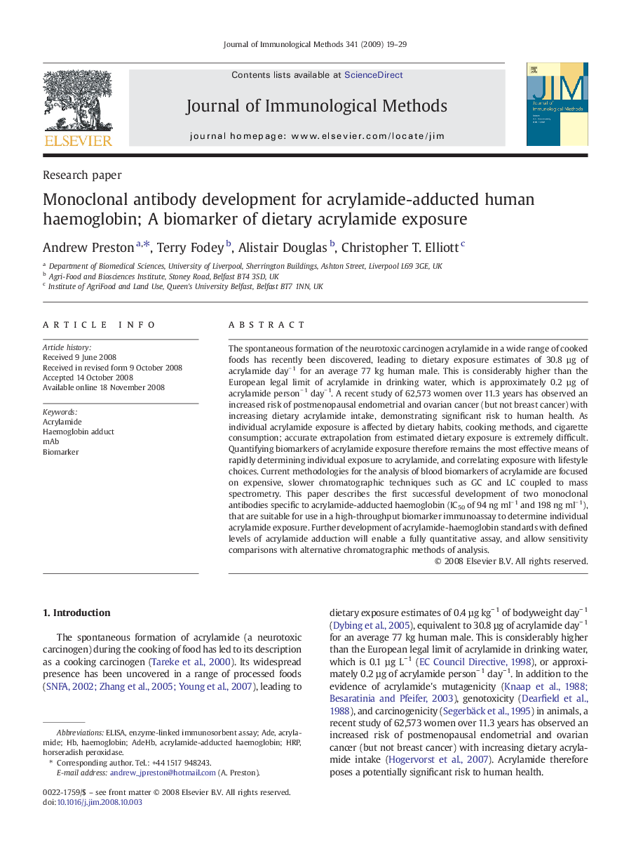 Monoclonal antibody development for acrylamide-adducted human haemoglobin; A biomarker of dietary acrylamide exposure