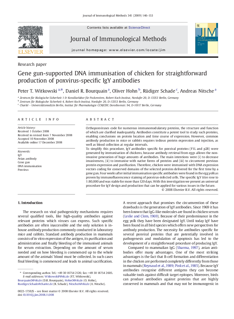 Gene gun-supported DNA immunisation of chicken for straightforward production of poxvirus-specific IgY antibodies