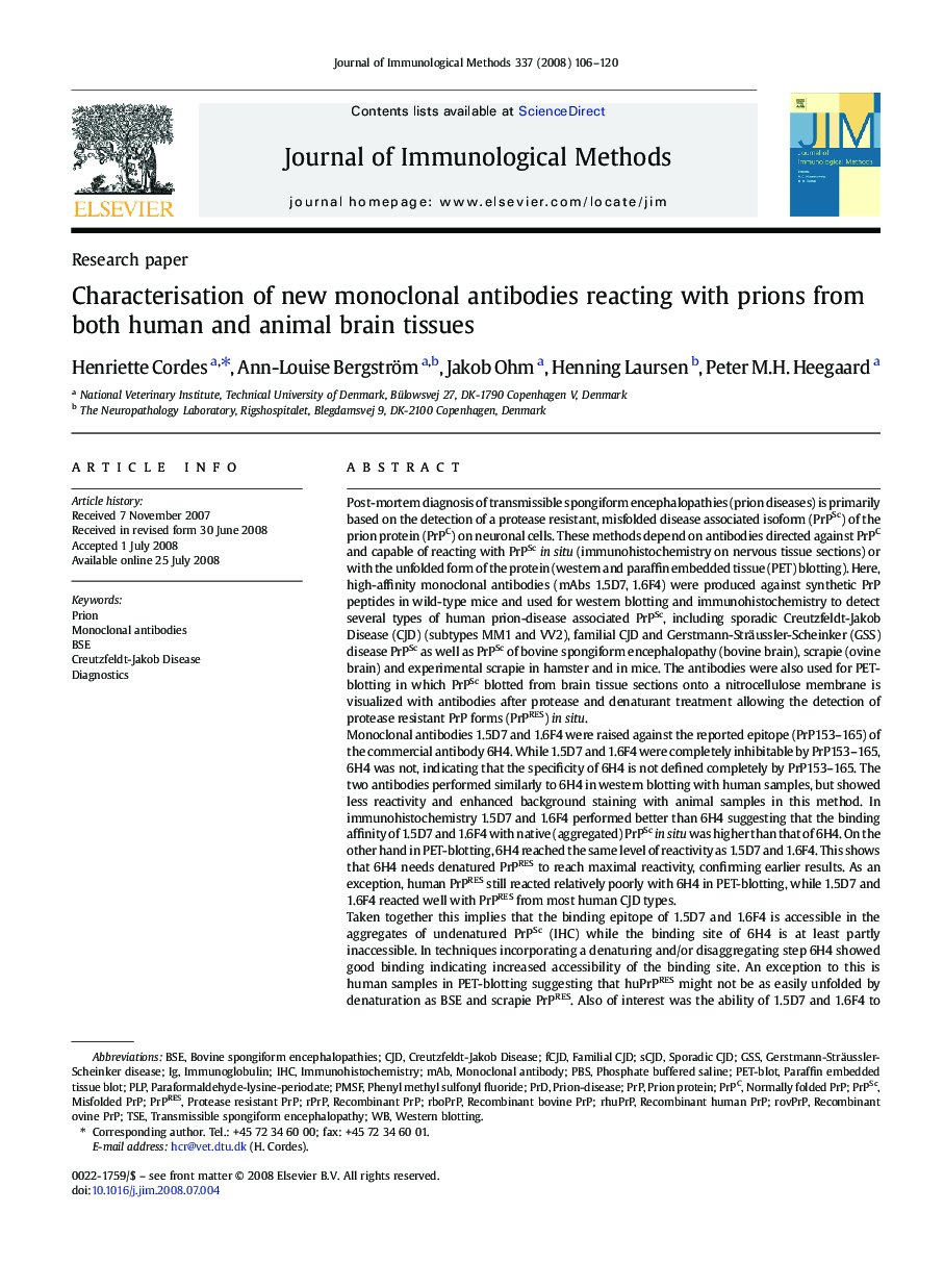 Characterisation of new monoclonal antibodies reacting with prions from both human and animal brain tissues